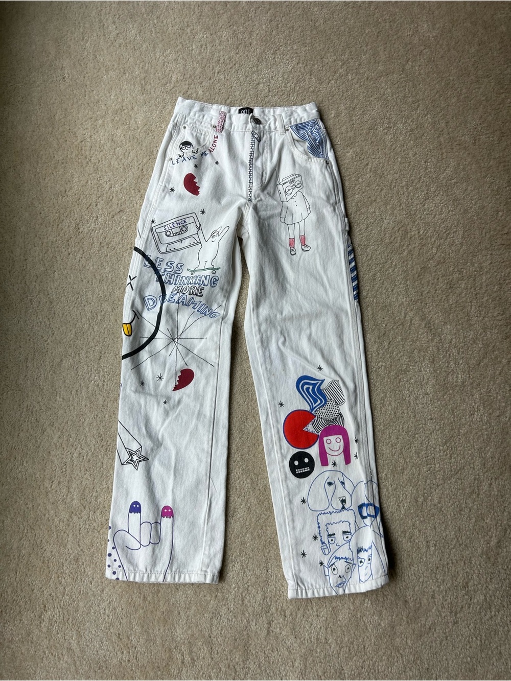 White Graphic Illustration Pants